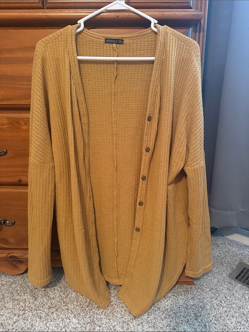 Mitchell & Ness Mustard Waffle Knit Open Cardigan